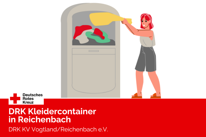 Grafik: Frau wirft Kleidung in einen Kleidercontainer.