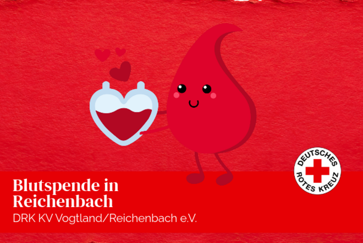 Roter Hintergrund und ein Bluttropfen welcher ein Herz hält.