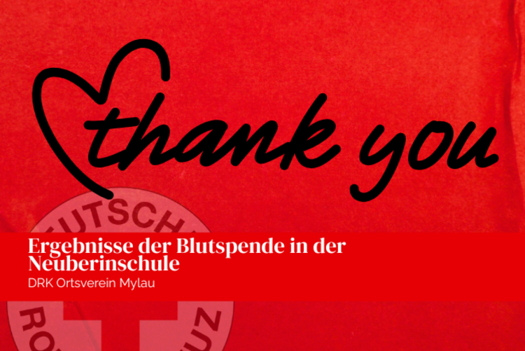 Thank you in schwarzer Schreibschrift geschrieben. Ein Dankeschön an die Blutspendenden.