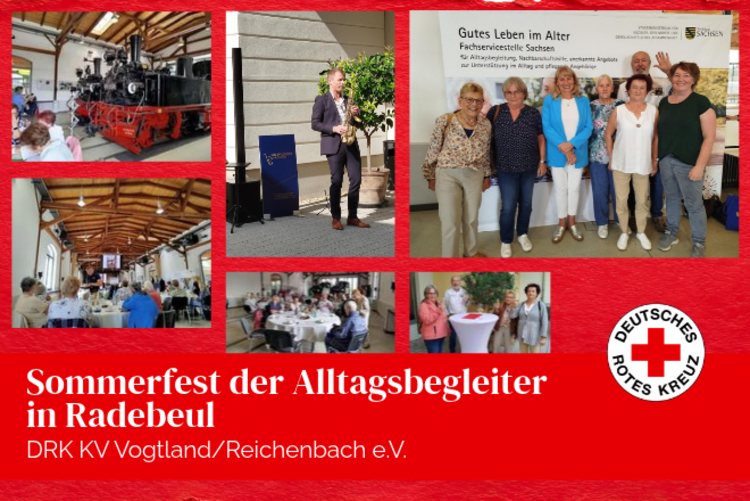 Festgelände in Radebeul mit Tischen, Dampfloks im Hintergrund, Gruppenfoto mit Ministerin.