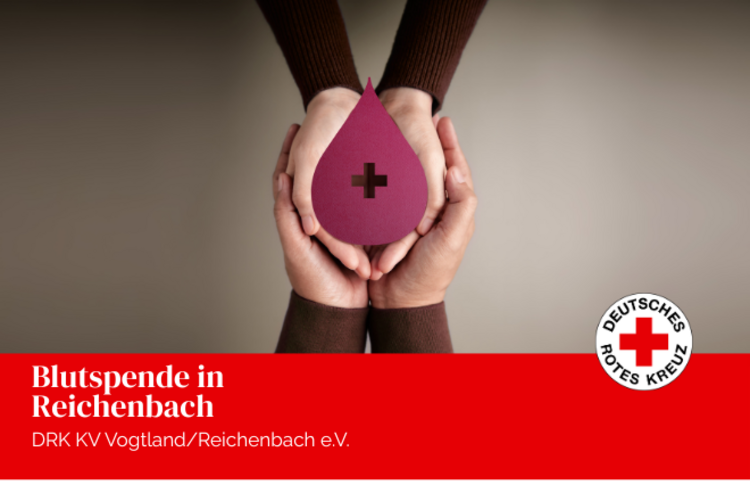 Zwei Handpaare mit braunen Pullovern halten einen Papp-Bluttropfen mit Kreuz.