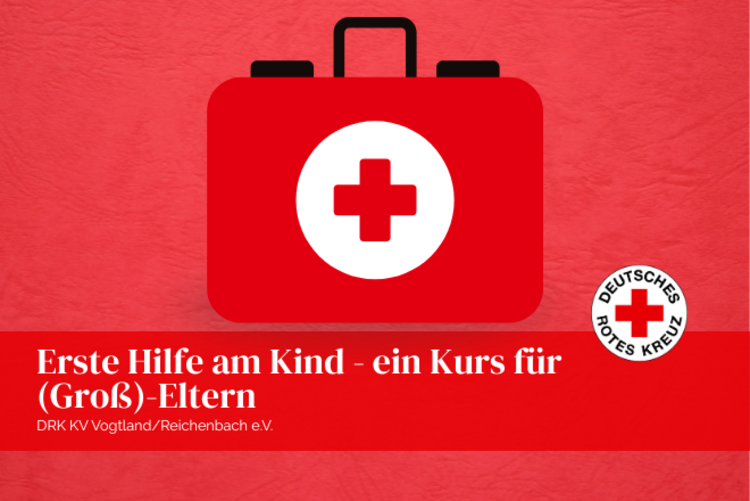 Roter Hintergrund aus grobem Papier, die Struktur ist sichtbar, im Vordergrund eine grafischer roter Erste Hilfe Koffer.