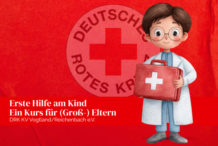 Eine Grafik eines Kindes mit der typischen Kleidung von Ärtztinnen und Ärzten und einem roten Koffer mit weißem Kreuz.