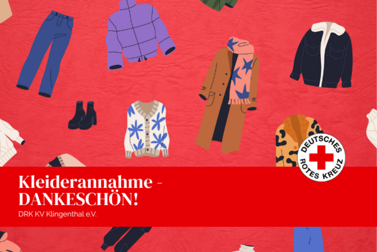 Roter Hintergrund und davor, grafisch, über das gesamte Bild verteilt, Kleidung in den Farben: beige, weiß, lila und blau.